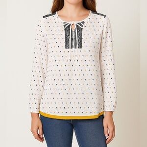 THML Moon Print Embroidered Boho Blouse Mustard Yellow Navy White Top XS